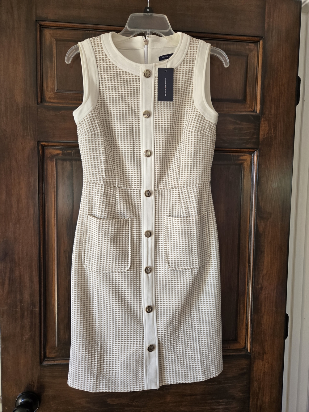 Tommy Hilfiger Cream and White Textured Sleeveless Button Front Dress